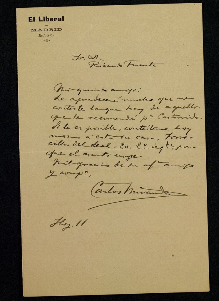 Miniatura de Carta de Carlos Miranda a Ricardo Fuente pidiéndole contestación a un asunto urgente