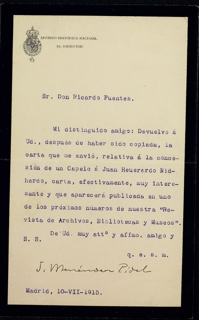 Miniatura de Carta de Juan Menéndez Pidal a Ricardo Fuente devolviéndole la carta que le envió relativa a Juan Heuerardo Nidhardo y anunciándole su publicación en la "Revista de Archivos, Bibliotecas y Museos"