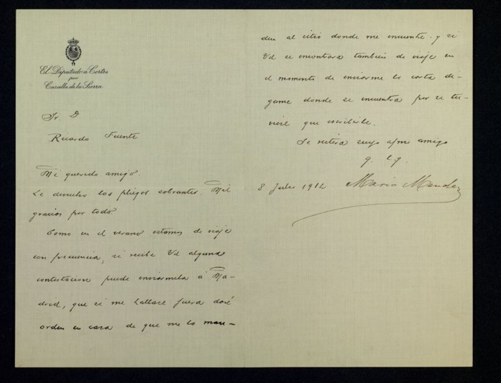 Miniatura de Carta de Mario Méndez Bejarano a Ricardo Fuente avisándole se va fuera en verano pero que le puede enviar lo que quiera a su casa en Madrid