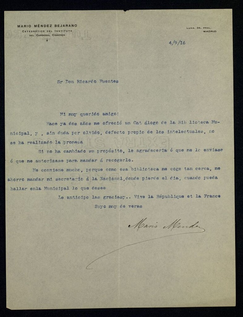 Miniatura de Carta de Mario Méndez Bejarano a Ricardo Fuente pidiéndole un catálogo de la Biblioteca Municipal