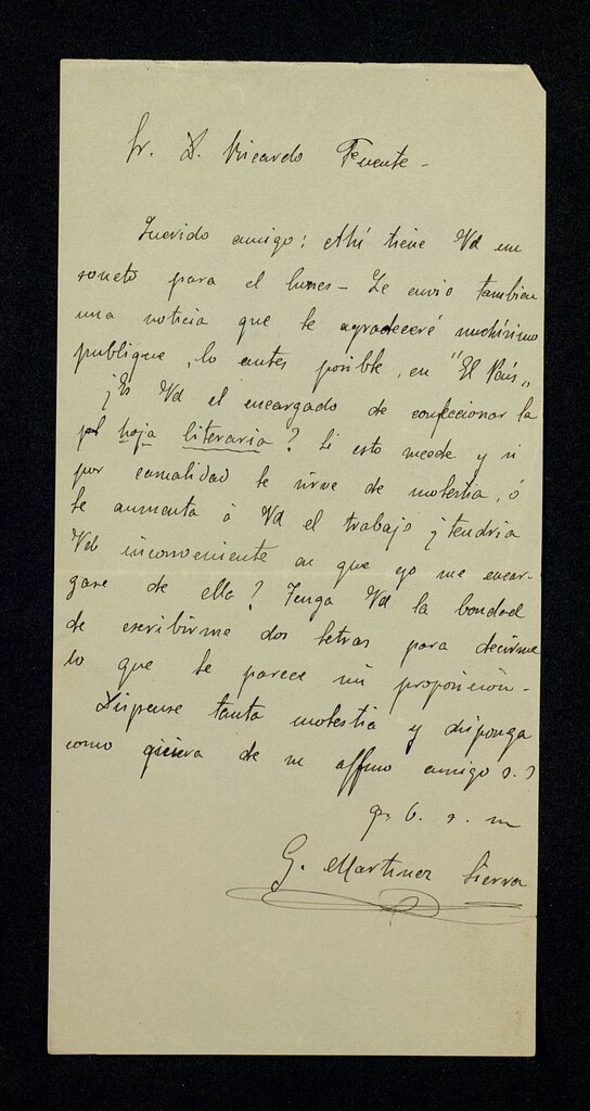 Miniatura de Carta de Gregorio Martínez Sierra a Ricardo Fuente remitiéndole un soneto y una noticia para el periódico "El País"; además se ofrece a encargarse de la hoja literaria
