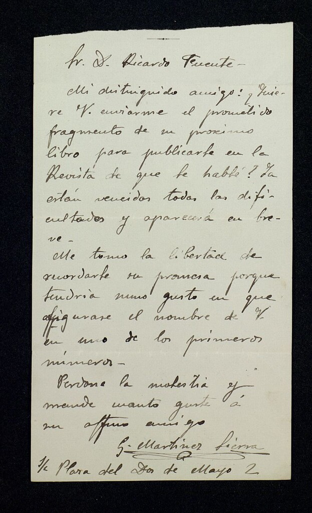 Miniatura de Carta de Gregorio Martínez Sierra a Ricardo Fuente solicitándole un fragmento de su próximo libro para publicarlo en su nueva revista