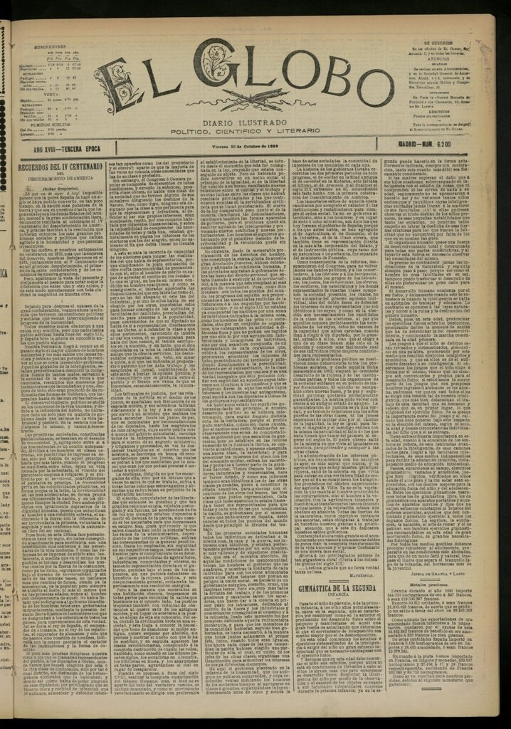 Miniatura de El Globo : diario ilustrado del 28 de octubre de 1892, nº 6200