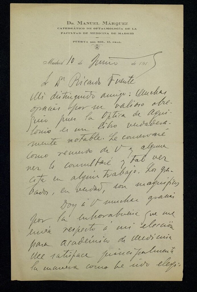Miniatura de Carta de Manuel Márquez a Ricardo Fuente agradeciéndole su libro de la Óptica de Aguilonio y su felicitación al haber sido elegido miembro de la Real Academia de Medicina