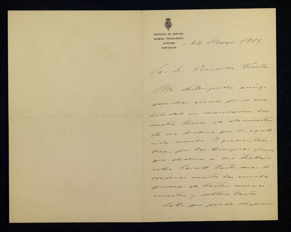 Miniatura de Carta de Nicasio Mariscal a Ricardo Fuente agradeciéndole el envío de cuatro tomos de documentos de archivo y su aprobación al trabajo sobre Porcell