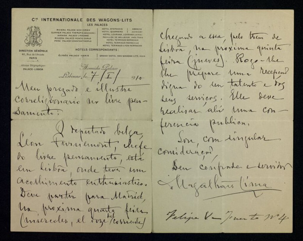 Miniatura de Carta de Sebastião de Magalhães Lima a Ricardo Fuente comentándole el éxito de la gira de León Furnémont en Portugal y avisándole de su llegada a Madrid