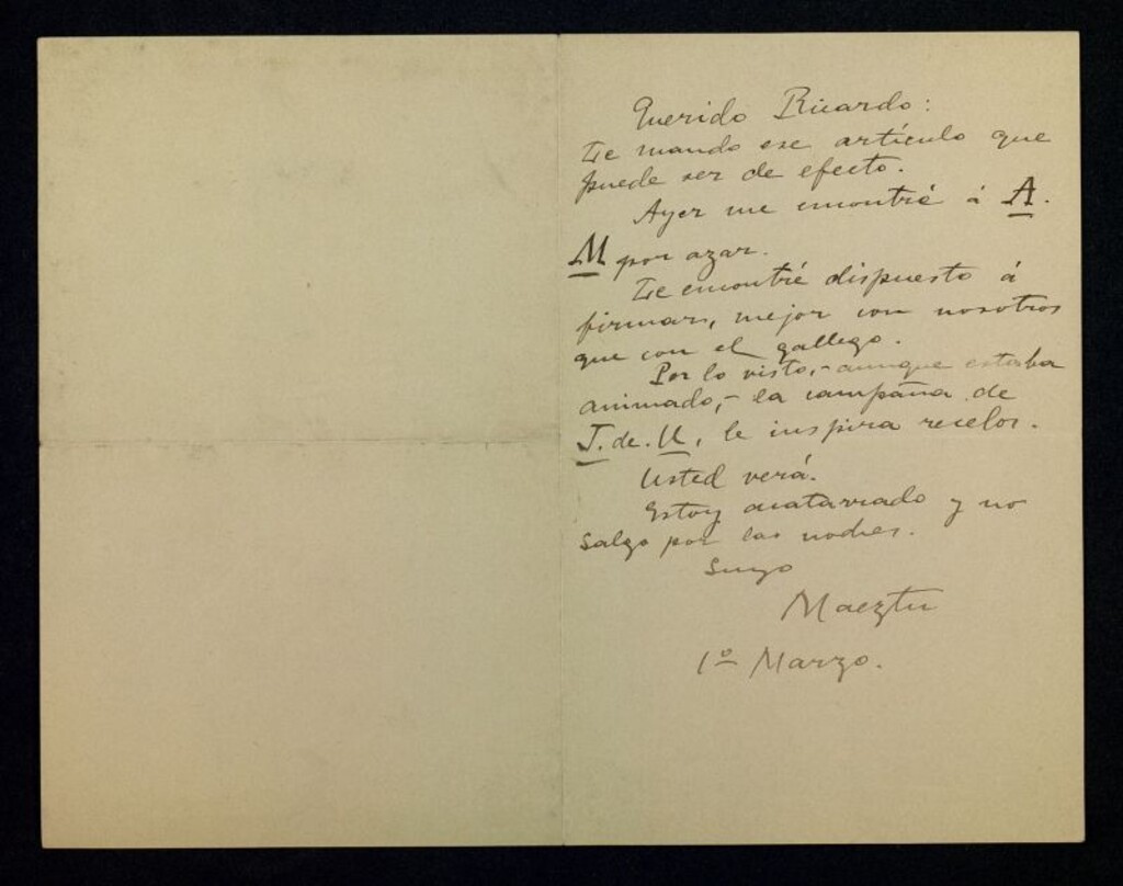 Miniatura de Carta de Ramiro de Maeztu a Ricardo Fuente remitiéndole un artículo y mencionando a A.M. y a J. de U.