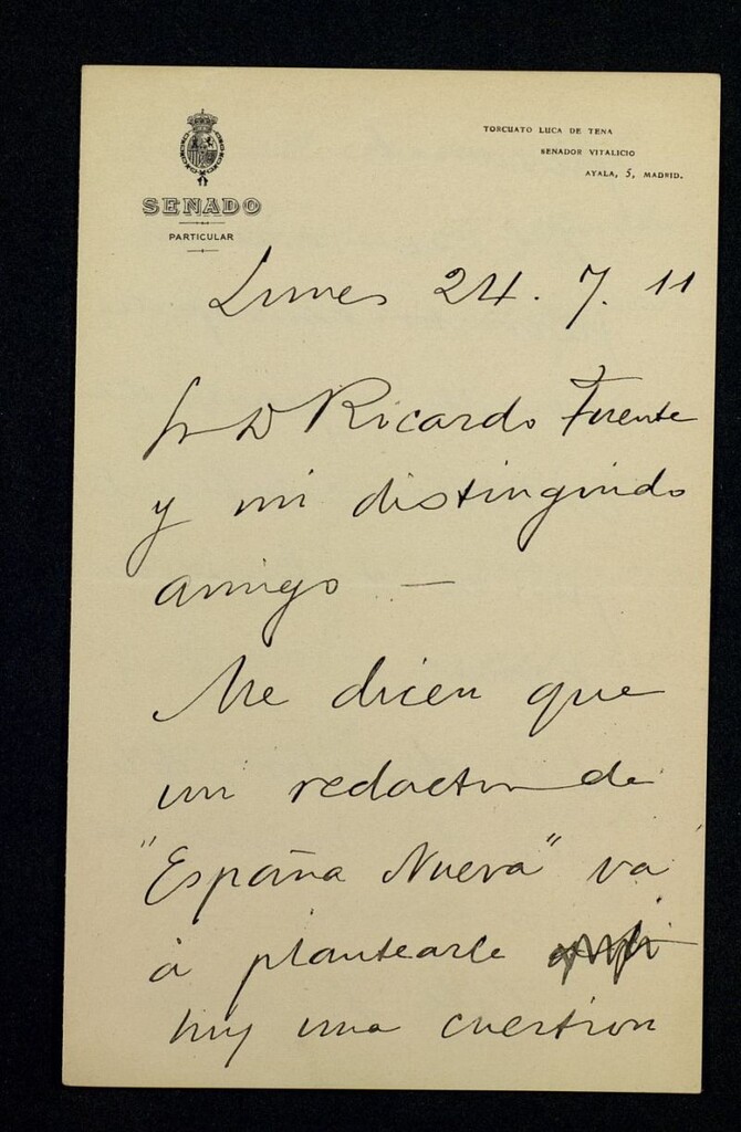 Miniatura de Carta de Torcuato Luca de Tena a Ricardo Fuente pidiéndole que, como director del periódico "El Radical", se atenga a lo estipulado por el tribunal de honor ante la propuesta que le va a hacer un redactor de "España nueva"