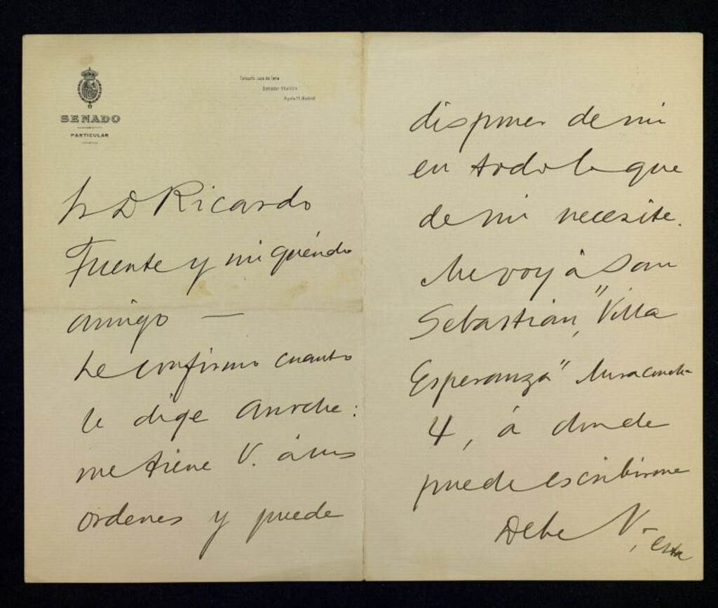 Miniatura de Carta de Torcuato Luca de Tena a Ricardo Fuente comunicándole su partida a San Sebastián y pidiéndole colabore con Ruíz de Grijalba