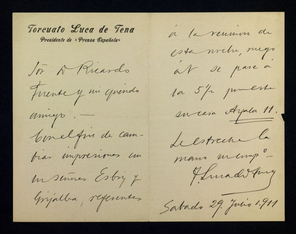 Miniatura de Carta de Torcuato Luca de Tena a Ricardo Fuente citándole a una reunión con los señores Esbri y Grijalba en su casa, Ayala 11