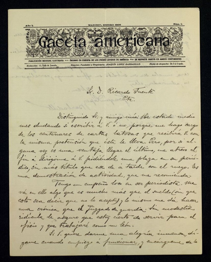 Miniatura de Carta de Joaquín López Barbadillo a Ricardo Fuente pidiéndole trabajo en su periódico