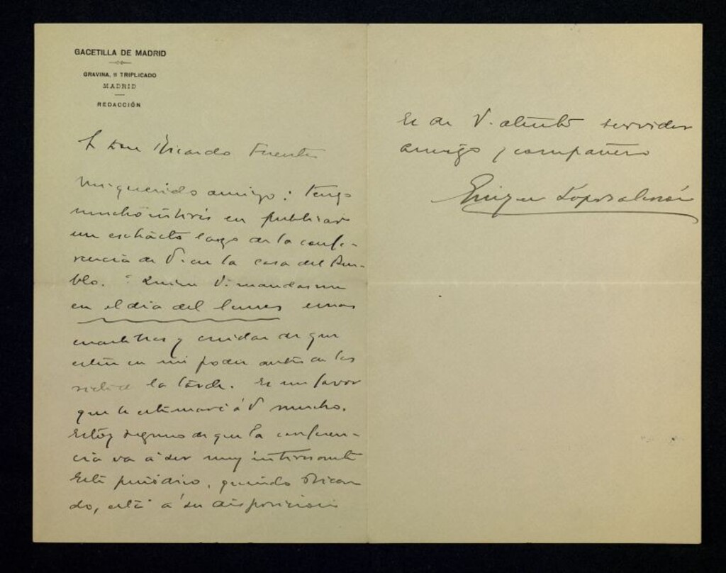 Miniatura de Carta de Enrique López Alarcón a Ricardo Fuente donde le comenta que quiere publicar un extracto de la conferencia de Fuente en la Casa del Pueblo