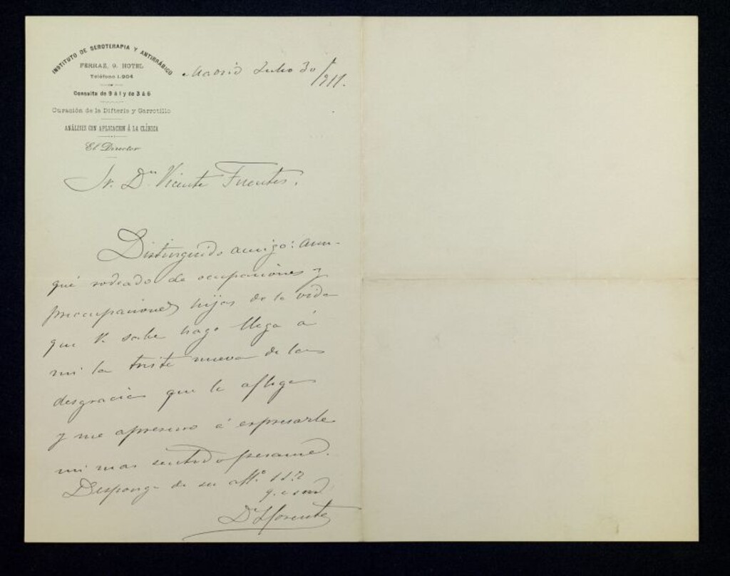 Miniatura de Carta de Vicente Llorente a Vicente Fuente (debe ser una errata por Ricardo Fuente; Vicente, según la cartela manuscrita, era el padre de Ricardo Fuente que era el fallecido en esa fecha), dándole el pésame