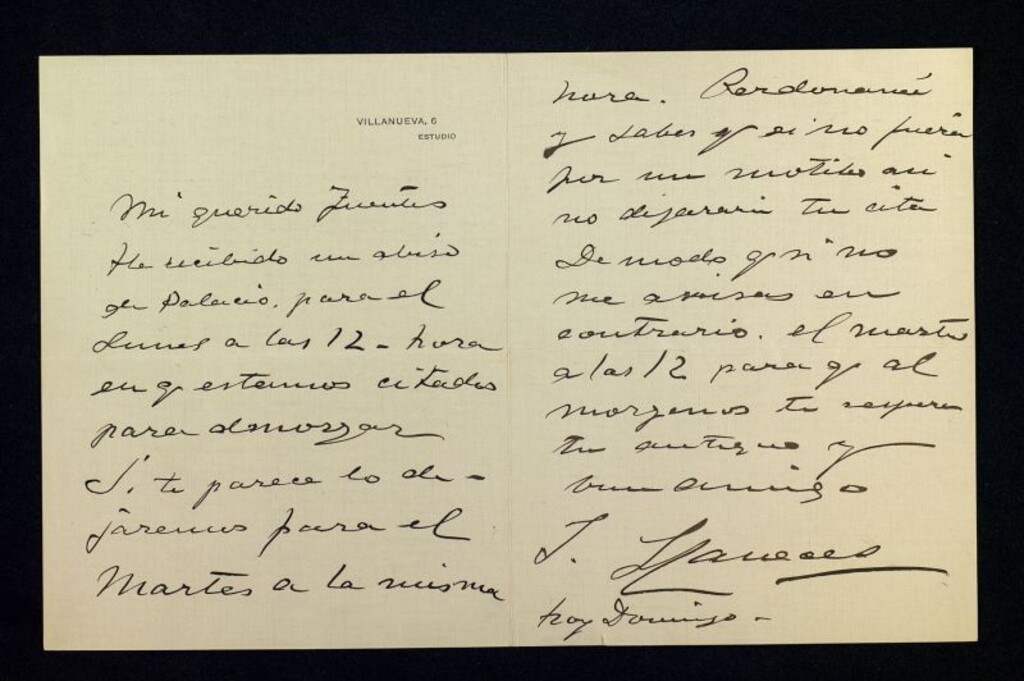 Miniatura de Carta de José Llaneces a Ricardo Fuente donde le aplaza una cita para almorzar porque tiene que ir a Palacio