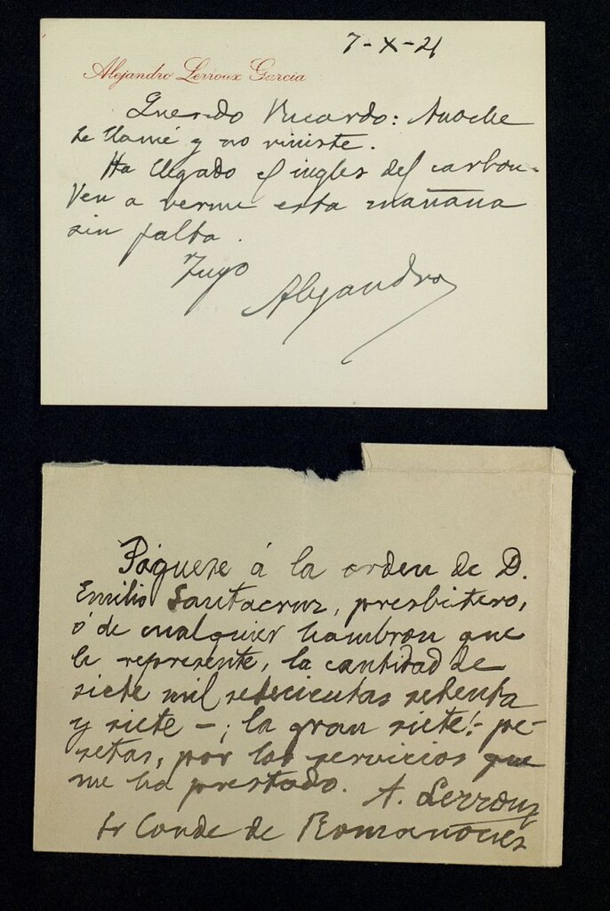 Miniatura de Carta de Alejandro Lerroux a Ricardo Fuente pidiéndole que vaya a verle para hablar de "el inglés del carbón"