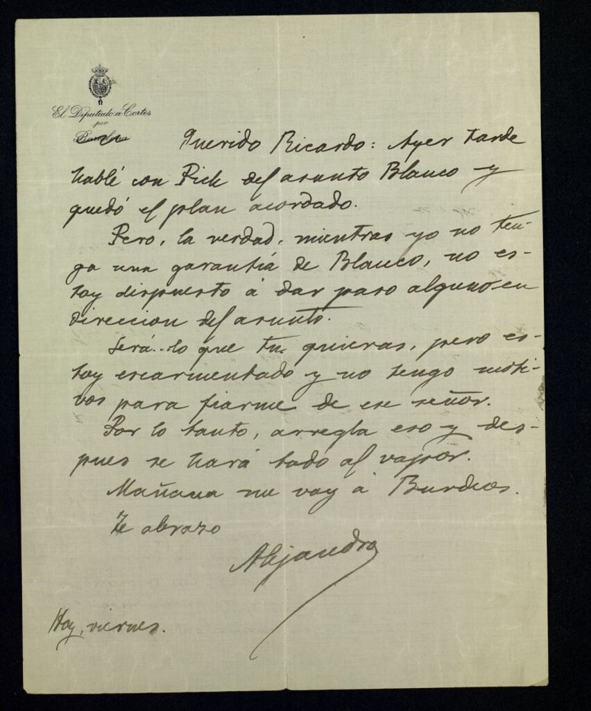 Miniatura de Carta de Alejandro Lerroux a Ricardo Fuente comentándole que habló con Juan Pich para resolver el asunto Blanco pero que él no se fía