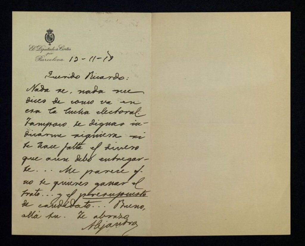 Miniatura de Carta de Alejandro Lerroux a Ricardo Fuente interesándose por su campaña electoral y ofreciéndole dinero para la misma