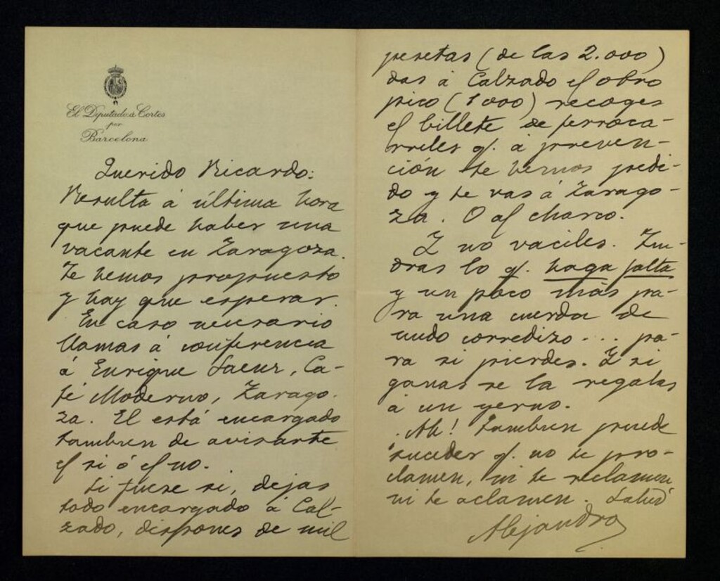 Miniatura de Carta de Alejandro Lerroux a Ricardo Fuente avisándole que Enrique Sáenz le va a llamar desde Zaragoza para confirmarle si hay una vacante o no; se cita a Calzado
