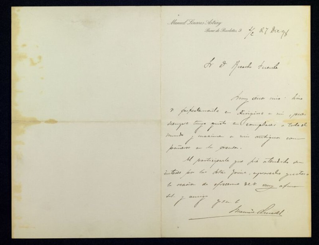 Miniatura de Carta de Manuel Linares Rivas a Ricardo Fuente ofreciéndole su ayuda