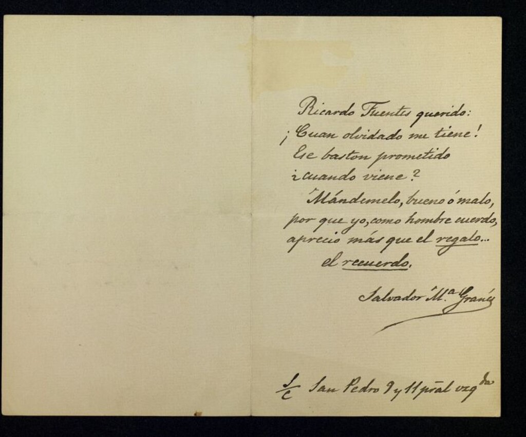Miniatura de Carta de Salvador María Granés a Ricardo Fuente con un poema pidiéndole un bastón