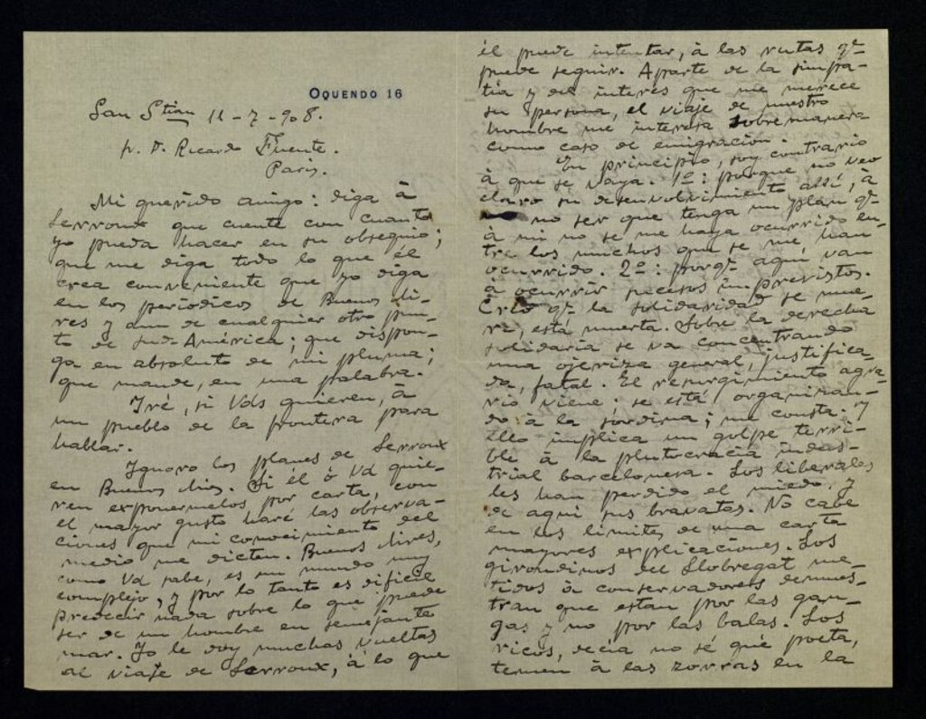 Miniatura de Carta de Francisco Grandmontagne a Ricardo Fuente ofreciendo su ayuda a Lerroux para su viaje a Buenos Aires
