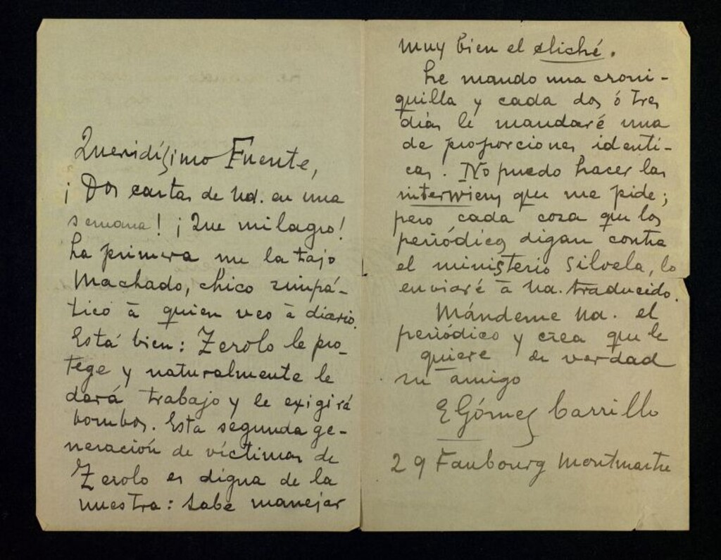 Miniatura de Carta de Enrique Gómez Carrillo a Ricardo Fuente donde le habla de Machado (¿Antonio? ¿Manuel?) que se encuentra en Paris bajo la protección de Zerolo (Elías); también cita a Silvela (Francisco)