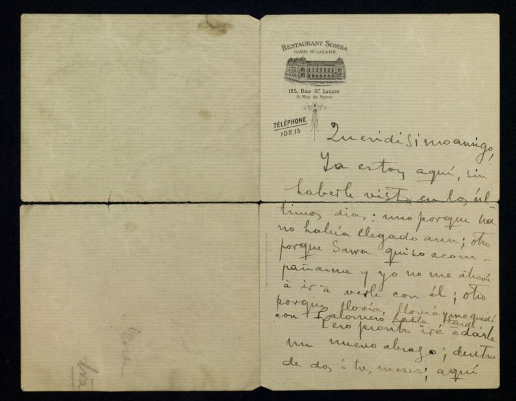 Miniatura de Carta de Enrique Gómez Carrillo a Ricardo Fuente anunciándole su llegada a Paris y su próxima visita; cita a Sawa, Palomero, Castrovido, Pineda y a la revista "Madrid Cómico"