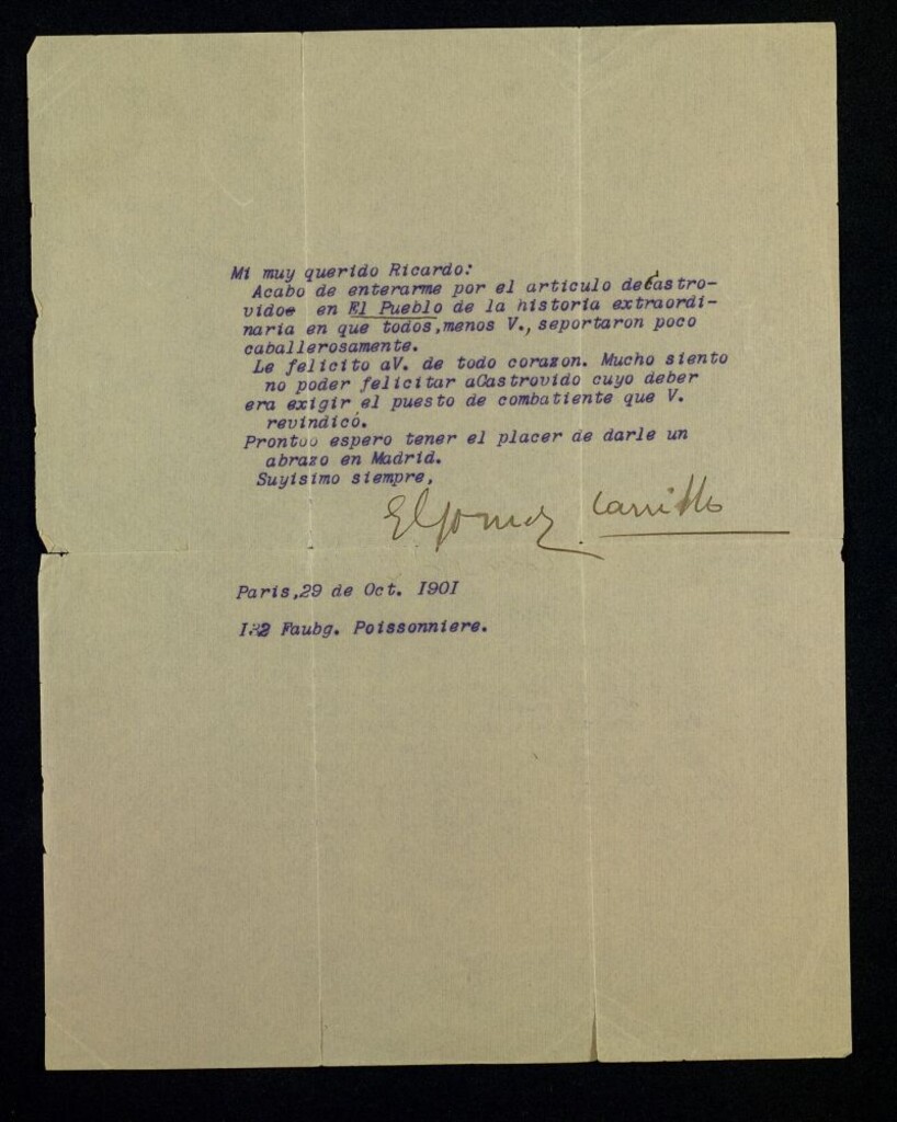 Miniatura de Carta de Enrique Gómez Carrillo a Ricardo Fuente sobre un artículo de Castrovido en "El Pueblo"