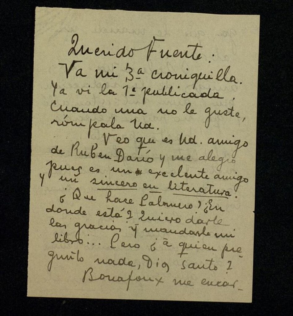 Miniatura de Carta de Enrique Gómez Carrillo a Ricardo Fuente remitiéndole un artículo; cita a Rubén Darío, Palomero, Bonafoux y Lara