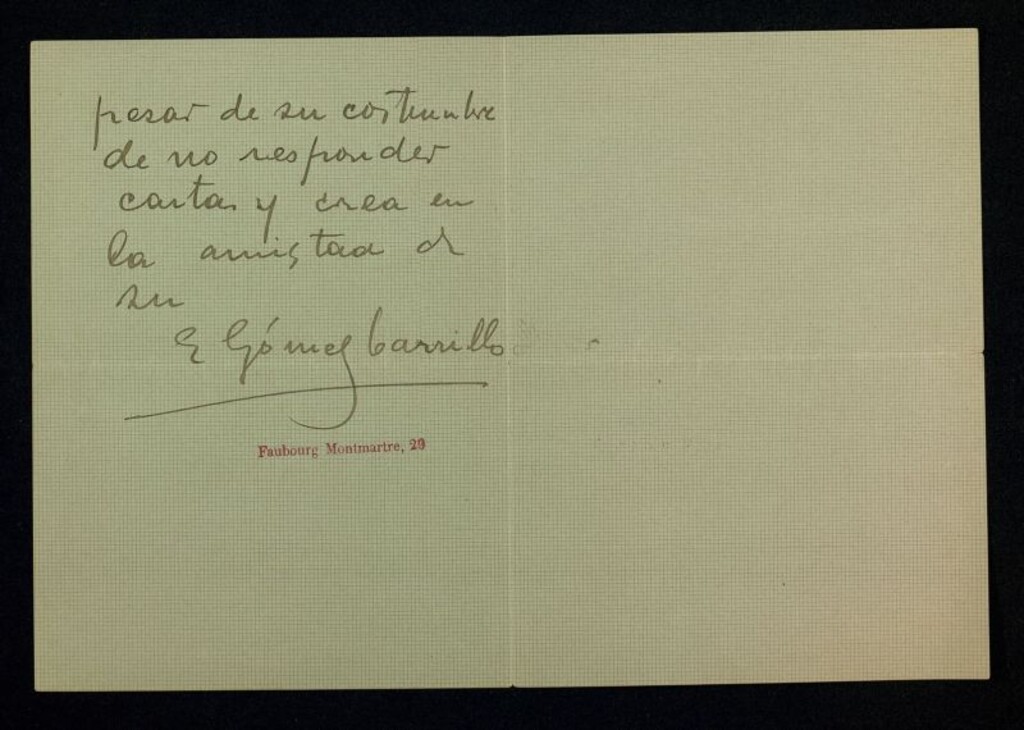 Miniatura de Carta de Enrique Gómez Carrillo a Ricardo Fuente agradeciéndole su revista bibliográfica sobre su libro "Bohemia sentimental" que le ha entregado Bonafoux y ofreciéndose a ser su corresponsal en Paris para el periódico "El País"