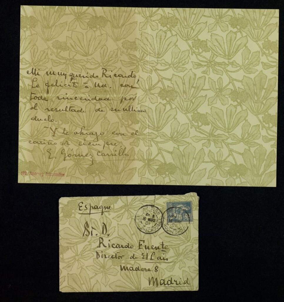 Miniatura de Carta de Enrique Gómez Carrillo a Ricardo Fuente dándole la enhorabuena por el resultado de su duelo
