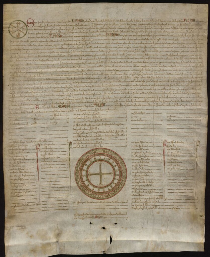 Miniatura de Privilegio rodado de Alfonso X otorgando a Madrid el Fuero Real, eximiendo a sus caballeros de tributar por posesión de heredades en otras ciudades del reino y autorizándoles un cierto número de excusados