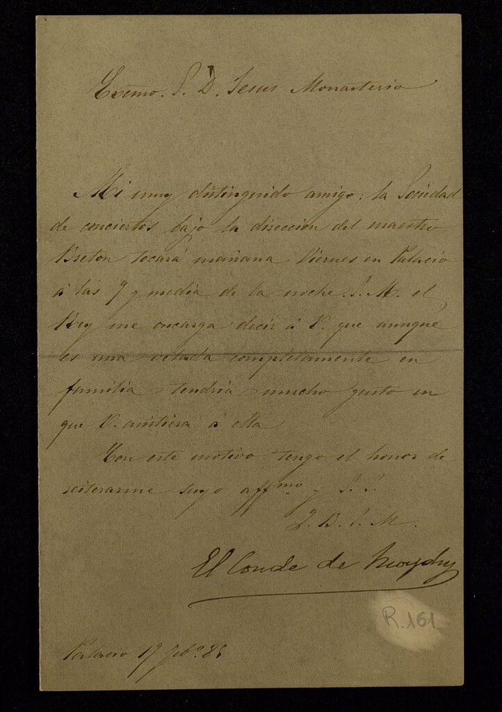 Miniatura de Carta del Conde de Morphy a Jesús de Monasterio, invitándole a un concierto de la Sociedad de Conciertos en Palacio