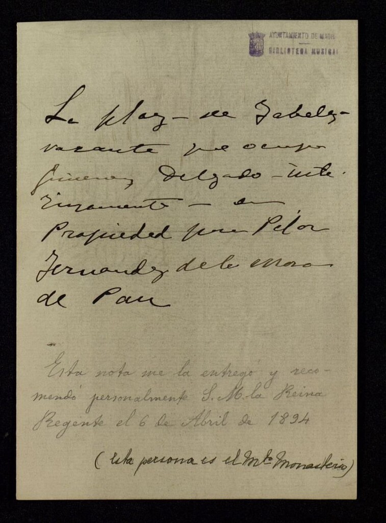 Miniatura de Nota manuscrita de recomendación para Jesús de Monasterio