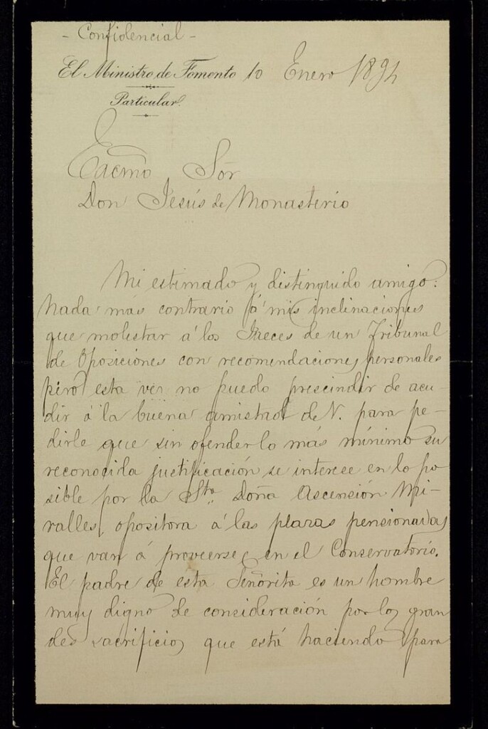 Miniatura de Carta del Ministro de Fomento S. Moret a Jesús de Monasterio pidiéndole una recomendación para una opositora