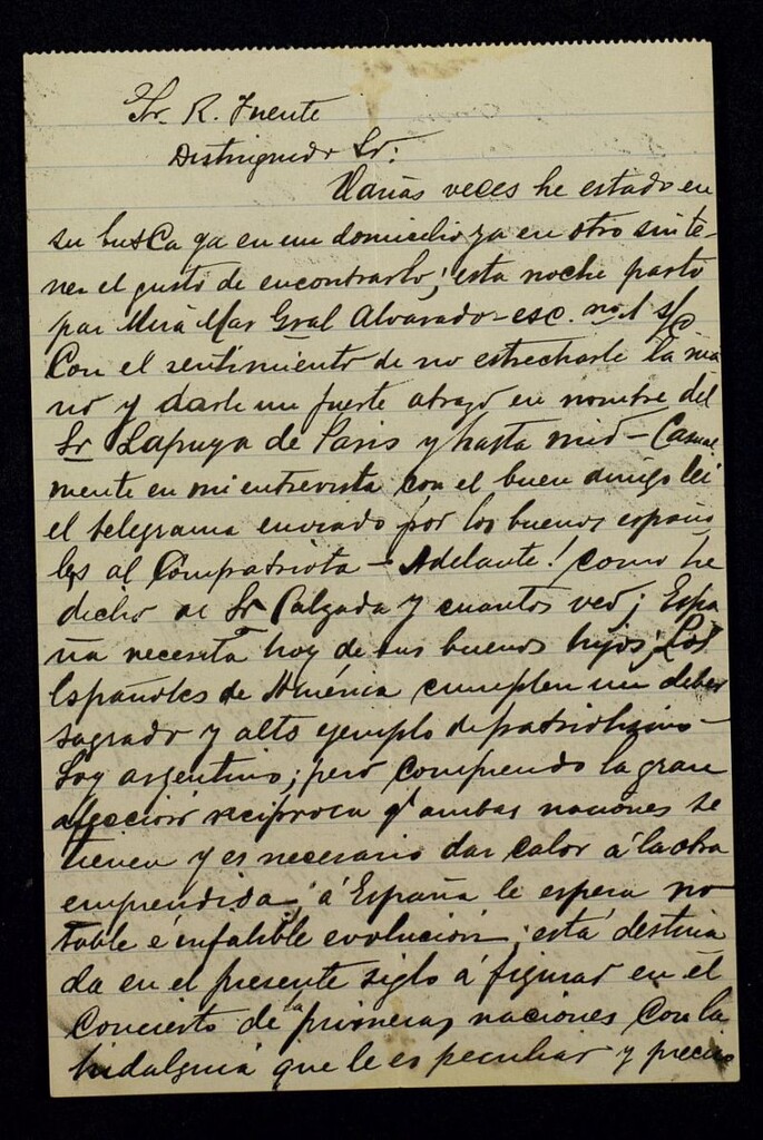 Miniatura de Carta de M. Gómara a Ricardo Fuente despidiéndose porque deja Paris para volver a su país, Argentina; cita a Lapuya