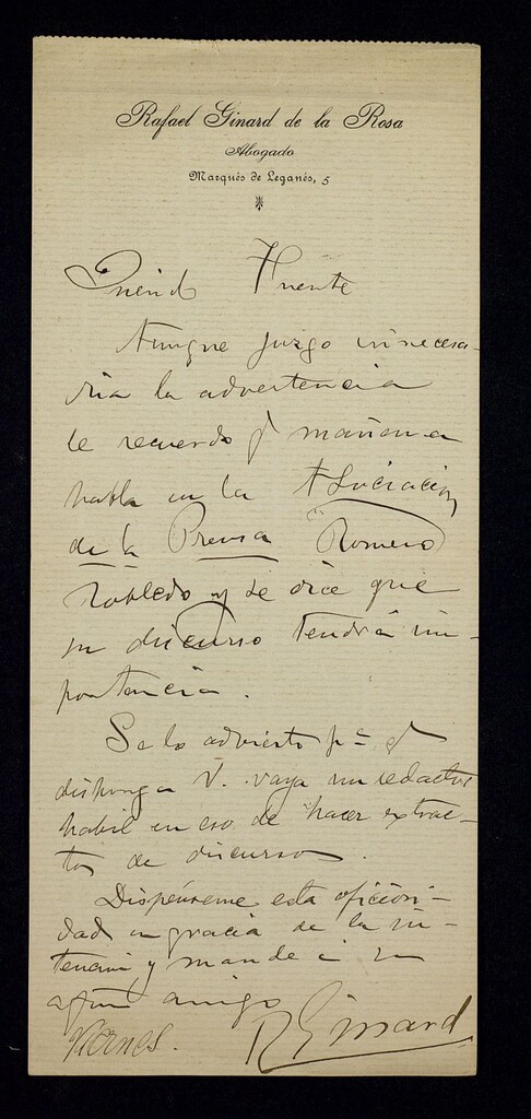 Miniatura de Carta de Rafael Ginard de la Rosa a Ricardo Fuente avisándole del discurso de Romero Robledo en la Asociación de la Prensa para que mande un redactor a cubrirlo