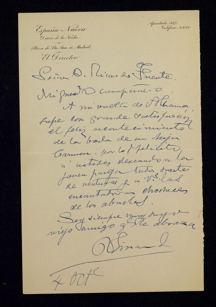 Miniatura de Carta de Rafael Ginard de la Rosa a Ricardo Fuente felicitándole por el matrimonio de su hija