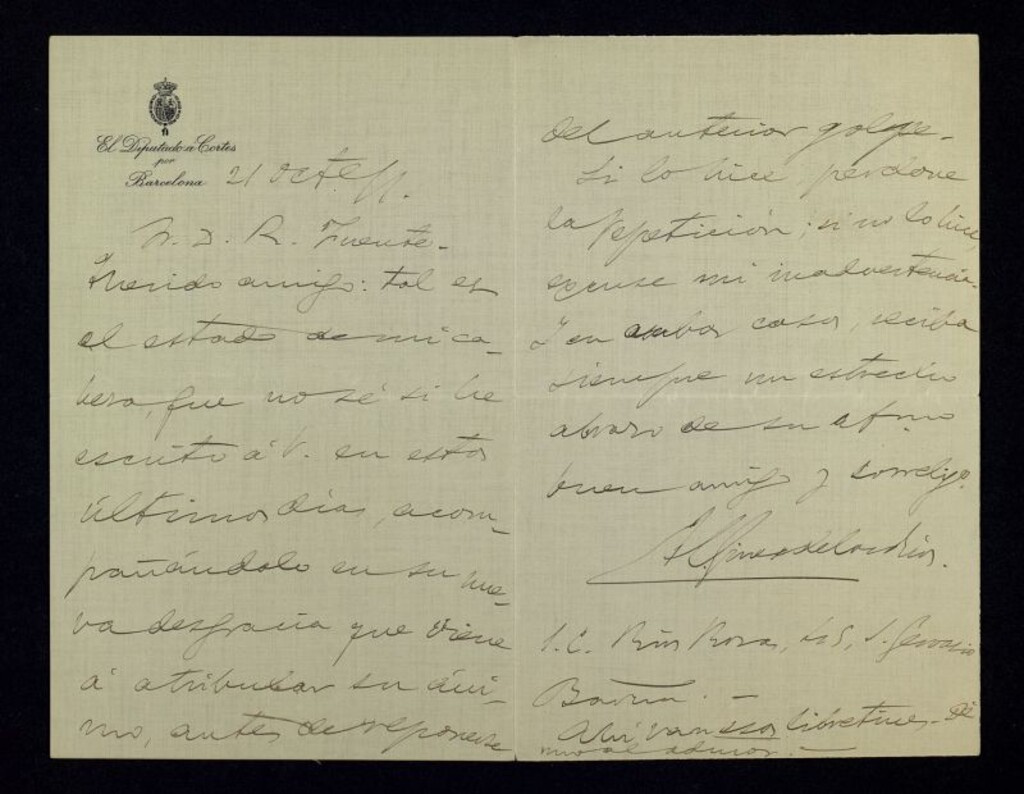 Miniatura de Carta de Hermenegildo Giner de los Ríos a Ricardo Fuente dándole el pésame