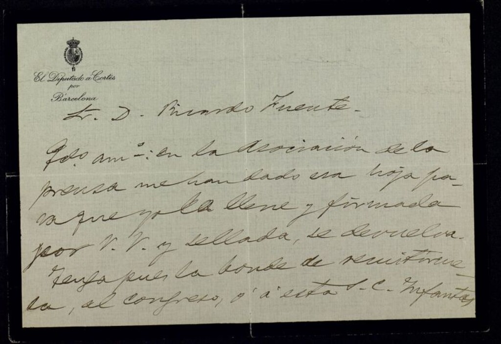 Miniatura de Carta de Hermenegildo Giner de los Ríos a Ricardo Fuente pidiéndole le rellene un impreso que le han dado en la Asociación de la Prensa