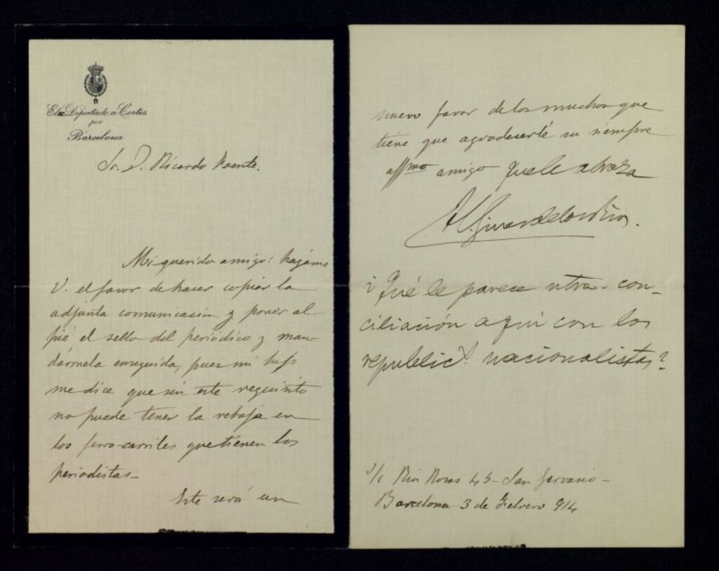 Miniatura de Carta de Hermenegildo Giner de los Ríos a Ricardo Fuente pidiéndole un documento para que su hijo pueda viajar en el tren con rebaja como periodista