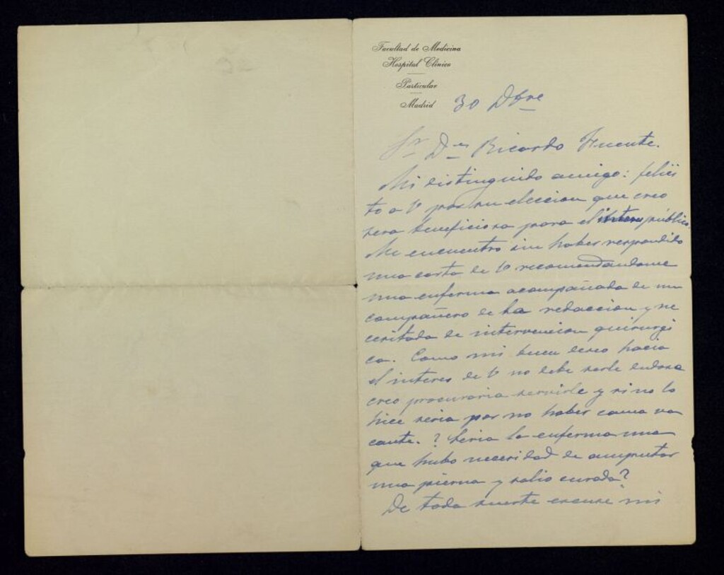 Miniatura de Carta de Luis Guedea a Ricardo Fuente sobre una paciente recomendada por este último