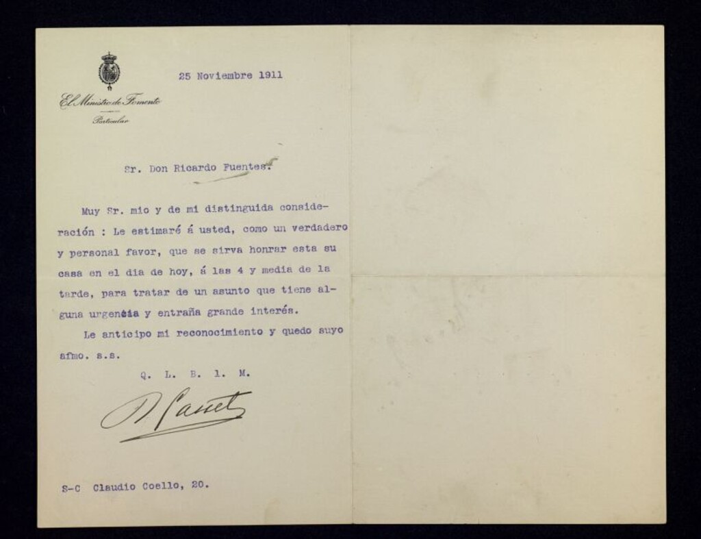 Miniatura de Carta de Rafael Gasset a Ricardo Fuente pidiéndole que pase por su casa para hablar de un asunto urgente y de gran interés