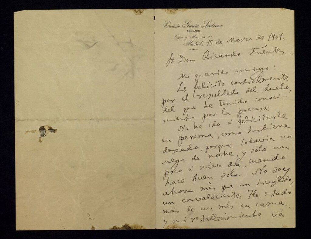 Miniatura de Carta de Ernesto García Ladevese a Ricardo Fuente dándole la enhorabuena por el resultado de su duelo y contándole sus problemas de salud