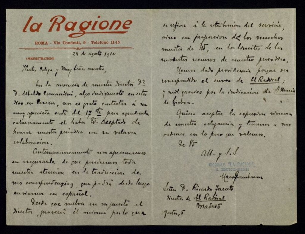 Miniatura de Carta de Marco Gambarine a Ricardo Fuente estableciendo una colaboración entre su periódico La Ragione y El Radical de Fuente