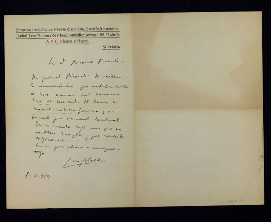 Miniatura de Carta de Luis Gabaldón a Ricardo Fuente recomendándole un escrito suyo en un concurso literario
