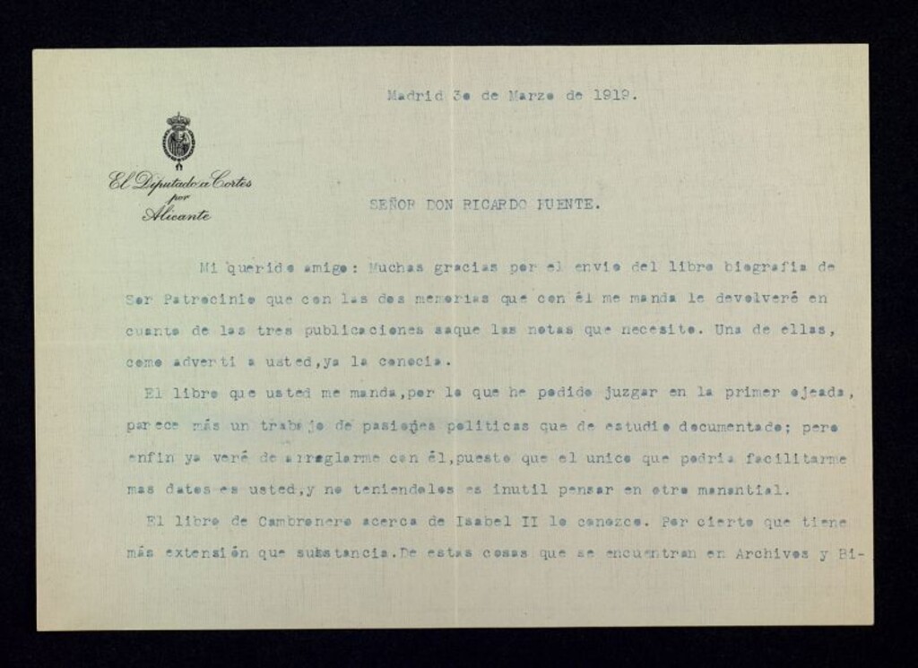 Miniatura de Carta de José Francos Rodríguez a Ricardo Fuente dándole las gracias por prestarle una biografía de Sor Patrocinio y otro libro de Cambronero sobre Isabel II