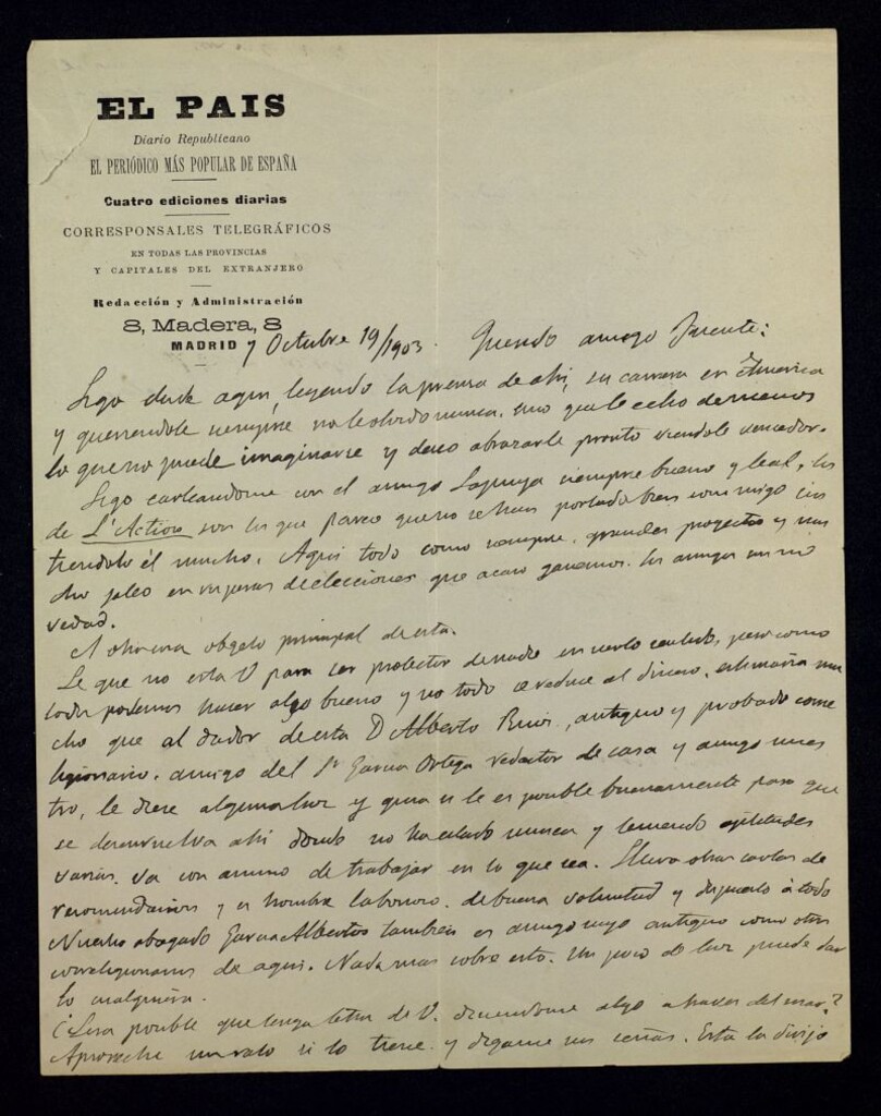 Miniatura de Carta de José Ferrándiz a Ricardo Fuente que se encuentra en América y en la cual cita a Lapuya, Alberto Ruíz, García Ortega y García Albertos