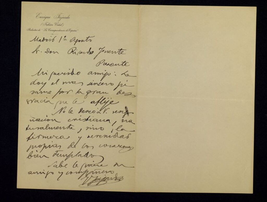 Miniatura de Carta de Fabián Vidal a Ricardo Fuente dándole el pésame