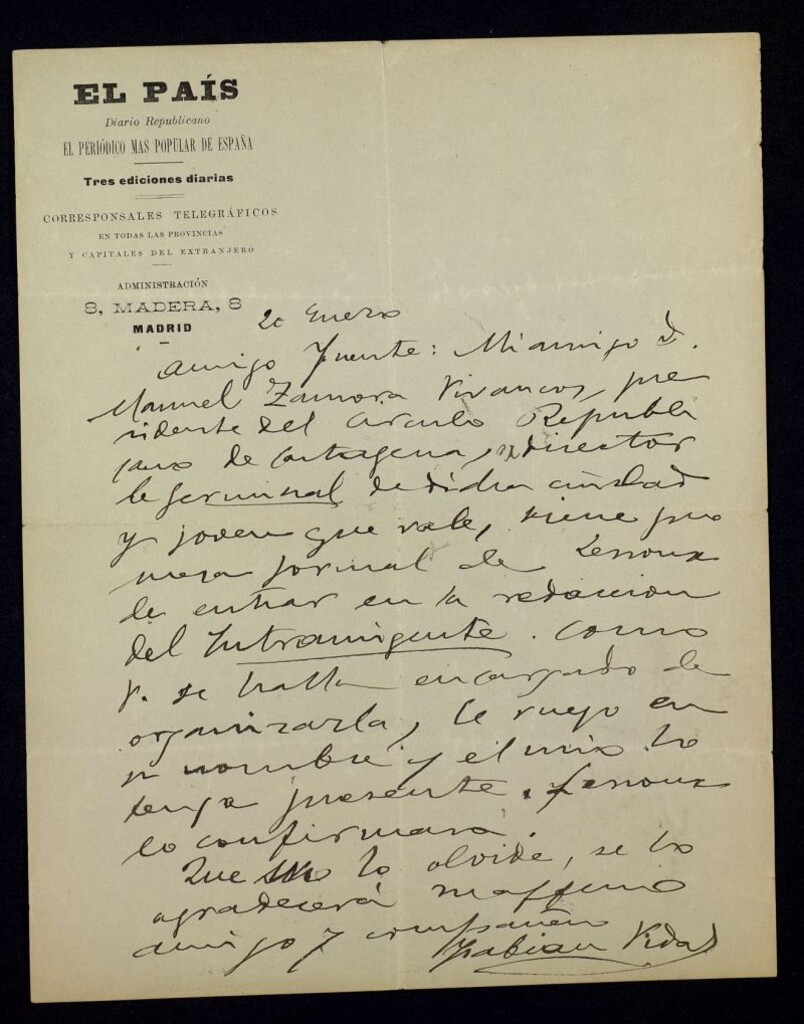 Miniatura de Carta de Fabián Vidal a Ricardo Fuente recomendándole a Manuel Zamora Vivancos, presidente del Círculo Republicano de Cartagena, para trabajar en el periódico El Intransigente